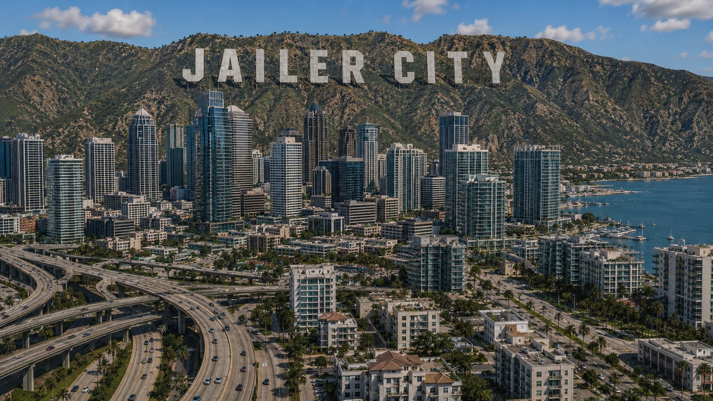 Jailer City, between mountains, buildings and water