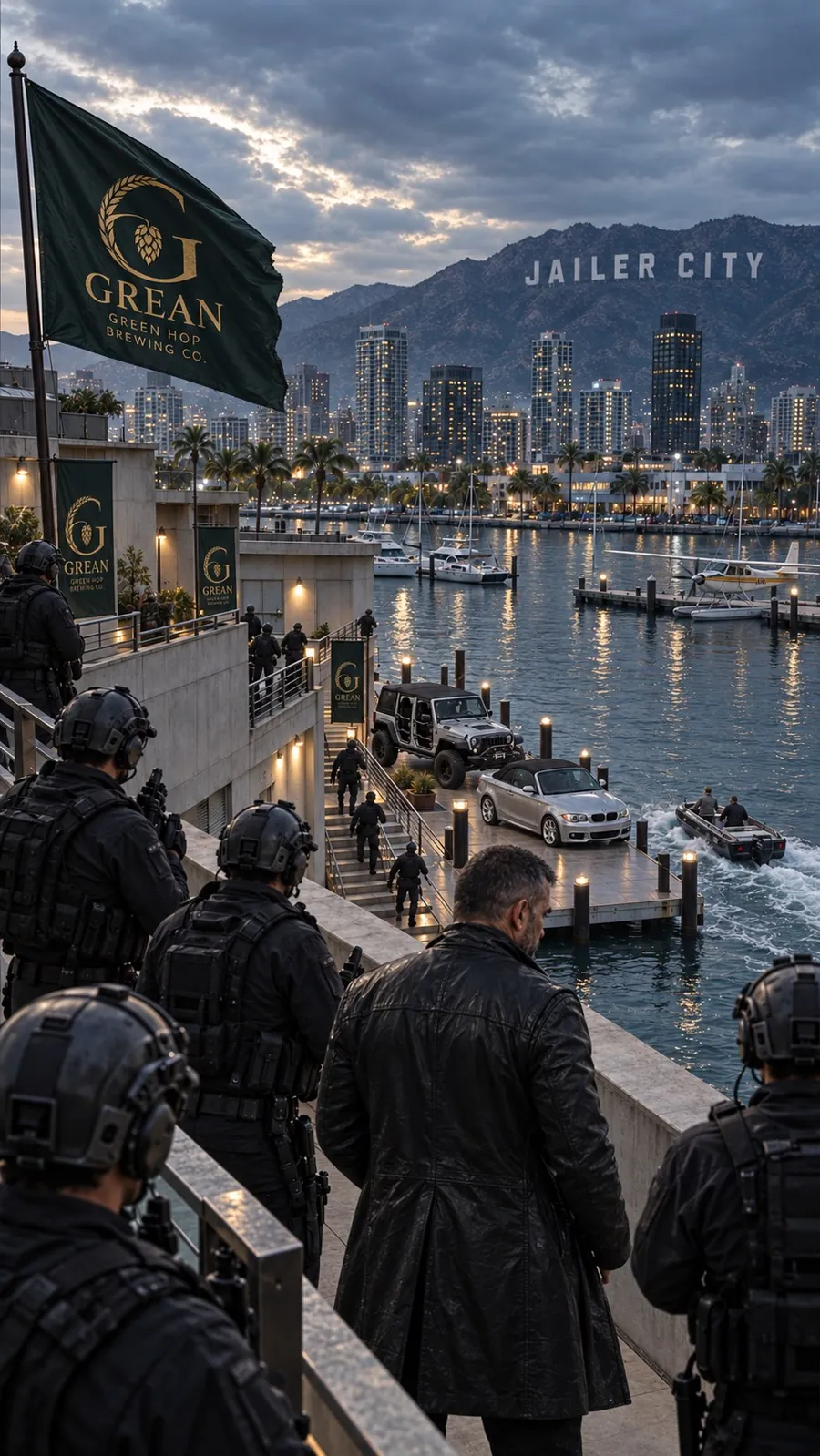 El puerto de Jailer City al anochecer