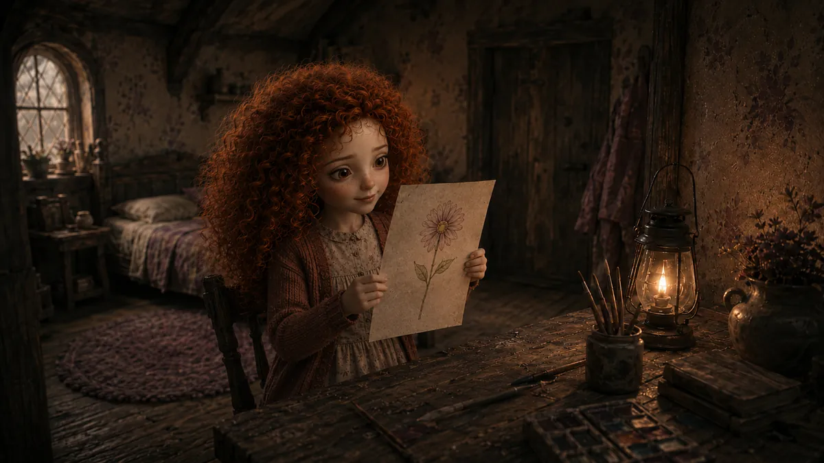 Sofía de niña, pelirroja, enseña su dibujo de una flor